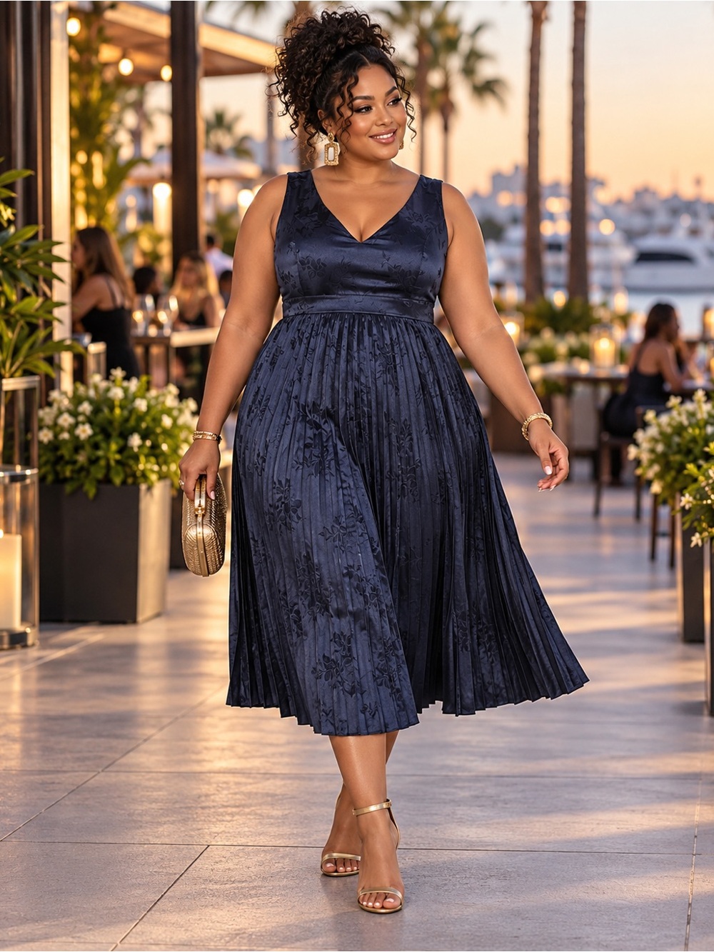 NWOT Lulu's Navy Blue Satin Backless Pleated Midi Dress Size XL=14